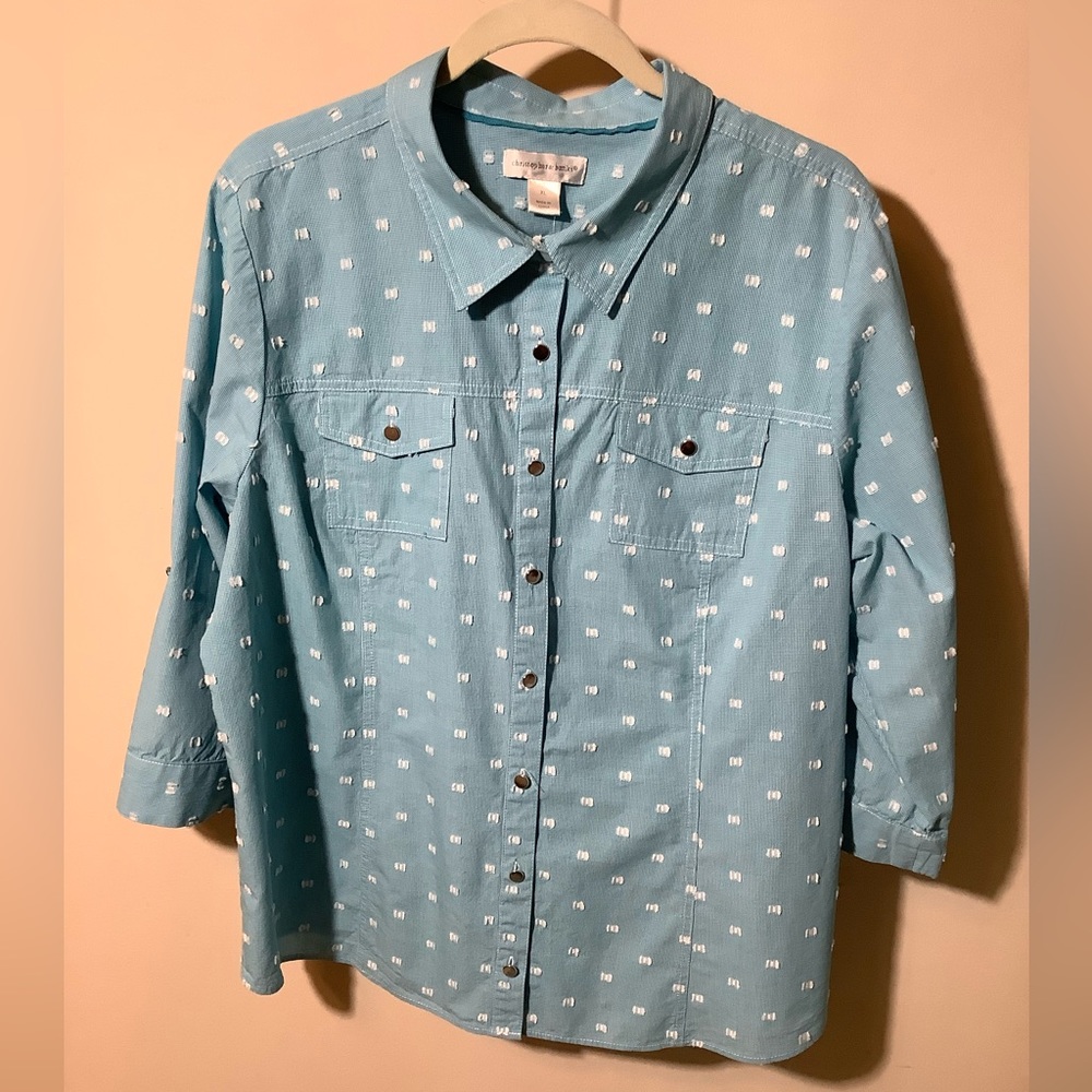 Christopher&Banks 3/4 sleeve 2 pocket blouse  aqua & white silver buttons NWT XL
